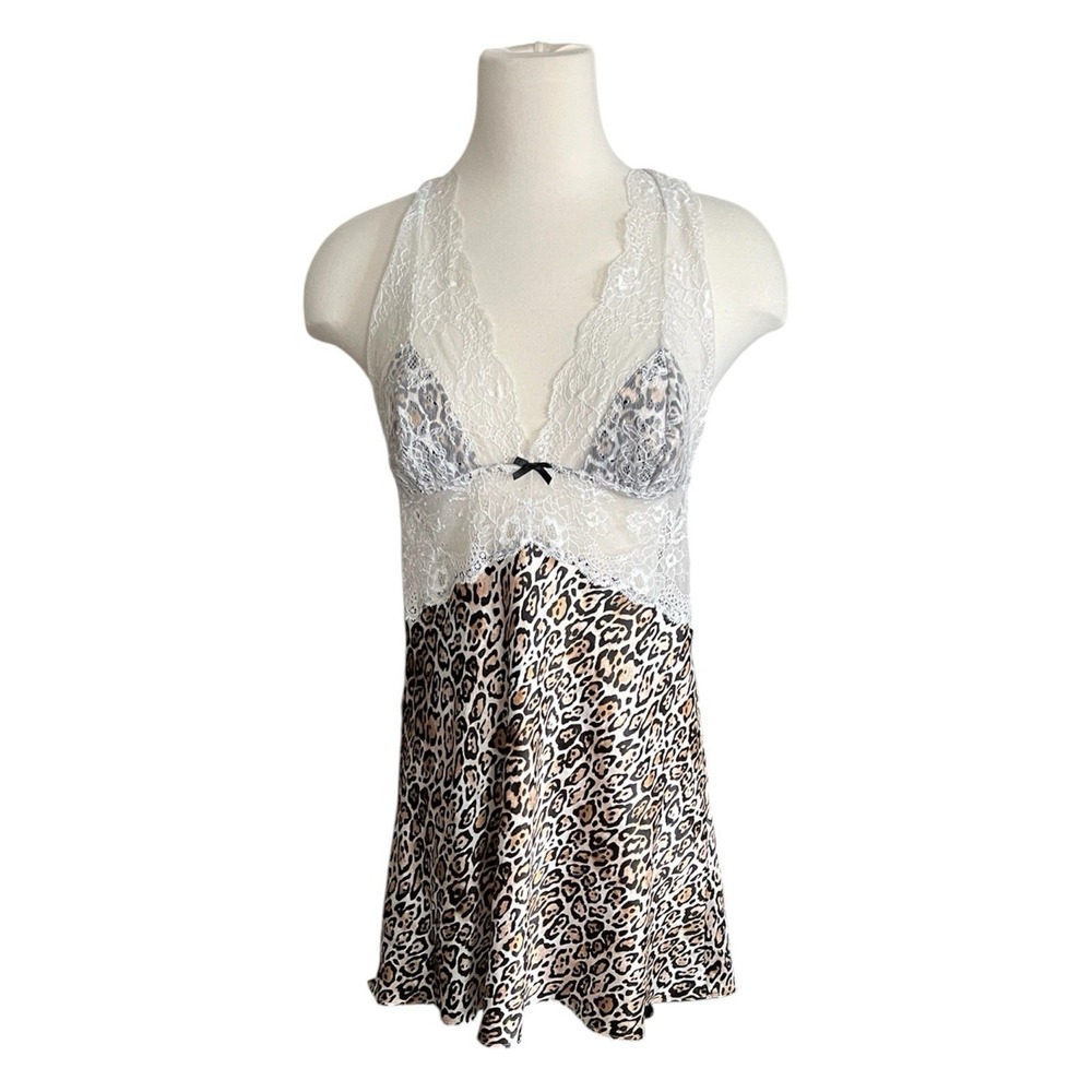 Victorias Secret Satin Leopard Print Laced Babydoll Sz L Chemise Sheer Festival